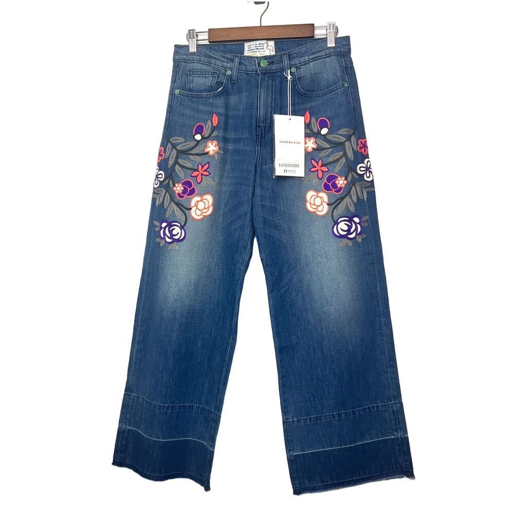 Sandrine Rose Size 28 Women's Embroidered Vintage Culotte Wide-Leg Jeans Boho